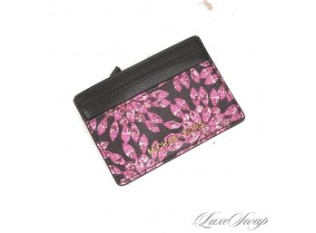 #1 BRAND NEW WITHOUT TAGS UNUSED AUTHENTIC MICHAEL KORS BLACK LEATHER PINK JEWEL PRINTED CARD WALLET