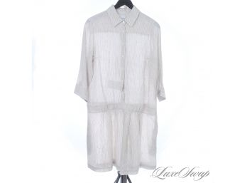 LIKE NEW LE CIVETTE MADE IN ITALY 100 PCT LINEN WHITE AND TAUPE STRIPE DRESS WITH DROP WAIST AND POCKETS! 44