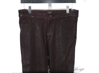 UM, WOW. LIKE NEW MEGA EXPENSIVE PAIGE FULL LEATHER 'BLACK CHERRY' STRETCH 5 POCKET JEANS WITH ZIP LEG 29