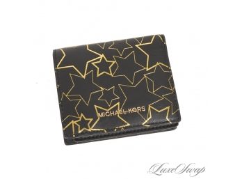 #8 BRAND NEW WITHOUT TAGS UNUSED AUTHENTIC MICHAEL KORS BLACK LEATHER GOLD MAXI STARS FLAP WALLET