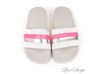 BRAND NEW WITHOUT BOX UNUSED AUTHENTIC MICHAEL KORS WHITE PINK SILVER MONOGRAM STRIPE SLIDES SANDALS 6