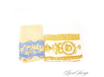 SUPER DUPER EXPENSIVE VERSACE MADE IN ITALY LOT OF 2 GOLD AND WHITE BAROCCO TRIM FACE AND HAND TOWELS