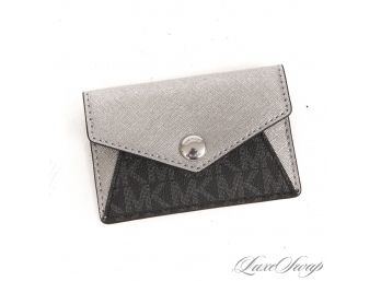 #6 BRAND NEW WITHOUT TAGS UNUSED AUTHENTIC MICHAEL KORS GREY MONOGRAM SILVER SAFFIANO LEATHER FLAP CARD WALLET