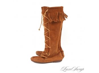 SUCH FANTASTIC CONDITION : ORIGINAL MINNETONKA USA SNUFF SUEDE TALL NATIVE AMERICAN FRINGED BOOTS