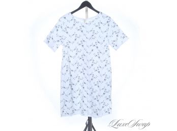 THIS IS HOT : LIKE NEW CURRENT ELLIOTT MADE IN USA WHITE DENIM UNLINED DRESS WITH BLUE FLORAL AND SHRED HEM 3