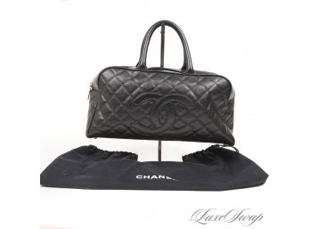 THE STAR OF THE SHOW : VERIFIED AUTHENTIC CHANEL BLACK CAVIAR LEATHER HUGE 15' EAST WEST BOWLER BAG  COA