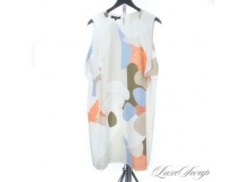 VIRTUALLY BRAND NEW LAFAYETTE 148 WHITE CREPE DRESS WITH MAXI AMOEBA PRINT AND FLUTTER TRIM L