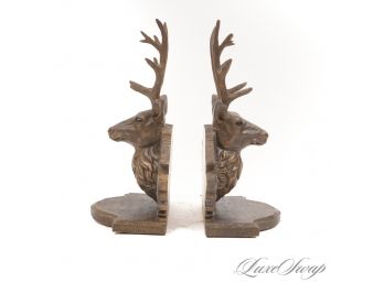 ONE HIGHLY ORNATE PAIR OF CARVED METAL 10' TALL DEERS HEAD BOOKENDS