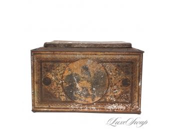 A BEAUTIFUL TURN OF THE CENTURY ANTIQUE LARGE PAINTED COPPER METAL COVERED BOX WITH CHERUBS