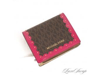 #7 BRAND NEW WITHOUT TAGS UNUSED AUTHENTIC MICHAEL KORS BROWN MONOGRAM PINK SCALLOPED GOLD EDGE WALLET