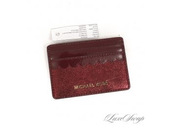 #5 BRAND NEW WITHOUT TAGS UNUSE AUTHENTIC MICHAEL KORS MULBERRY RED CRACKLE LEATHER PATENT SCALLOP CARD WALLET