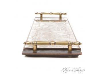 A GORGEOUS VINTAGE STYLE FRENCH SMOKED GLASS MIRROR DRESSING TABLE TRAY WITH BRASS TONE HANDLES
