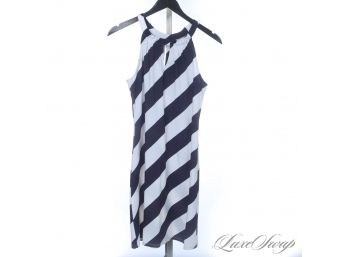 LIKE NEW WITHOUT TAGS JUDE CONNALLY UNLINED STRETCH BLUE AND WHITE BIAS STRIPE STRETCH DRESS XS