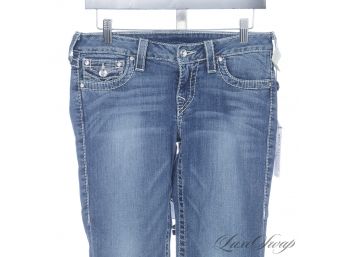 HOW MUCH?! BRAND NEW WITH TAGS $356 TRUE RELIGION 'CLEAR DISCO' CAPRI CUT JEANS WITH CRYSTAL BUTTONS! 28