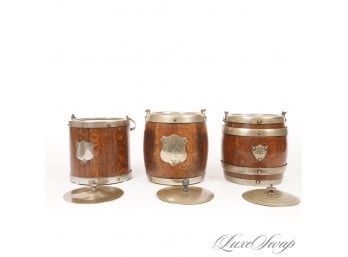 INCREDIBLE FIND : LOT OF 3 EARLY 1900S WOODEN ICE BUCKETS WITH BRITISH HALLMARKED METAL DETAILS, LIKELY PEWTER