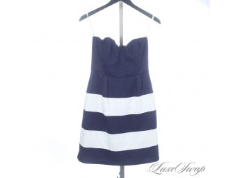 CALL YOUR FRIENDS WITH YACHTS : JULIE BROWN NAVY BLUE AND WHITE NAUTICAL STRIPE TEXTURED STRAPLESS DRESS S