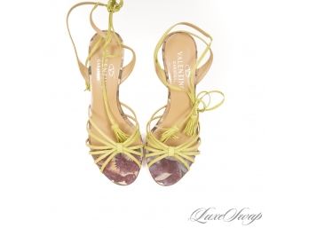 PERFECT SPRING SHOES! VALENTINO GARAVANI MADE IN ITALY GREEN LEATHER FLORAL PRINTED CANVAS WEDGE SHOES 38.5