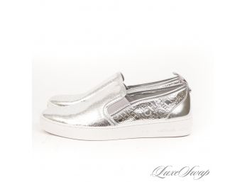 BRAND NEW WITHOUT BOX UNUSED AUTHENTIC MICHAEL KORS 'CATELYN' SILVER METALLIC EMBOSSED LOGO SKATE SNEAKERS 6