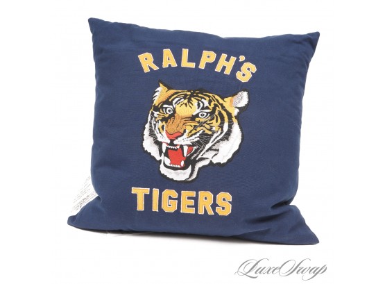 BRAND NEW WITH TAGS POLO RALPH LAUREN BLUE PIQUE CANVAS 'RALPHS TIGERS' DOWN FILLED EMBROIDERED THROW PILLOW