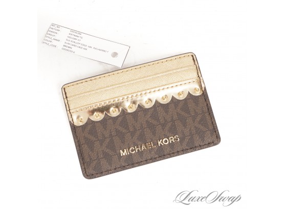 #3 BRAND NEW WITHOUT TAGS UNUSED AUTHENTIC MICHAEL KORS BROWN MK MONOGRAM GOLD SCALLOPED STUD CARD WALLET