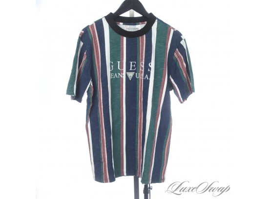 MORE ASAP ROCKY : BRAND NEW WITHOUT TAGS GUESS 1981 MENS GREEN MULTI STRIPE EMBROIDERED LOGO TEE SHIRT S