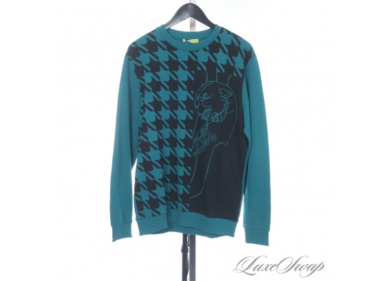 BRAND NEW WITH TAGS AUTHENTIC VERSACE JEANS COUTURE MENS TEAL CREWNECK SWEATSHIRT WITH LION & HOUNDSTOOTH M
