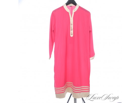 HIGH INTENSITY! BRIGHT CORAL PINK DRAPED SILKY TUNIC CAFTAN WITH GOLD METALLIC PIPING WOMENS XXL