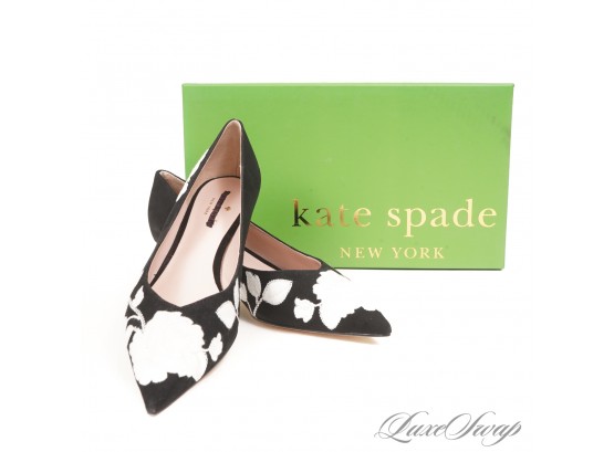 #7 BRAND NEW IN BOX KATE SPADE NEW YORK 'DAZE' BLACK SUEDE OFF WHITE FLORAL EMBROIDERED KITTEN HEEL SHOES 8