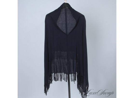 YOU NEED THIS FOR BONFIRES LADIES : LIKE NEW MINNIE ROSE MADE IN USA BLUE FLANNEL FRINGED PONCHO COVERUP