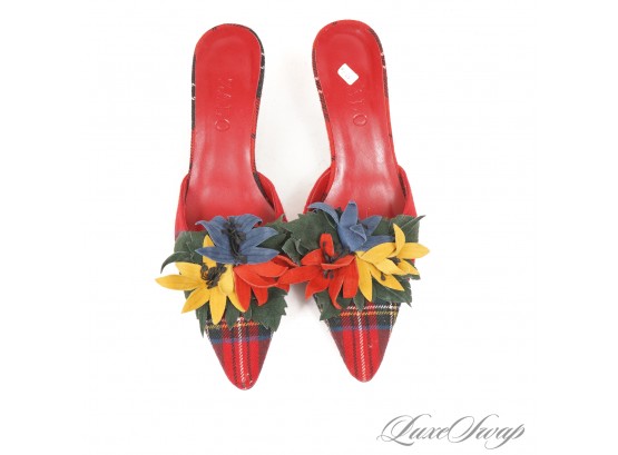 BRAND NEW WITHOUT BOX ZALO RED SCOTTISH TARTAN FABRIC SUEDE LEATHER FLORAL TOE MULES 7.5