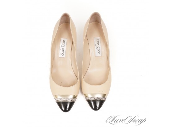 THESE ARE BEAUTIFUL : $500 JIMMY CHOO MADE IN ITALY EGGSHELL LEATHER EXOTIC SNAKESKIN PATENT CAPTOE SHOES 39