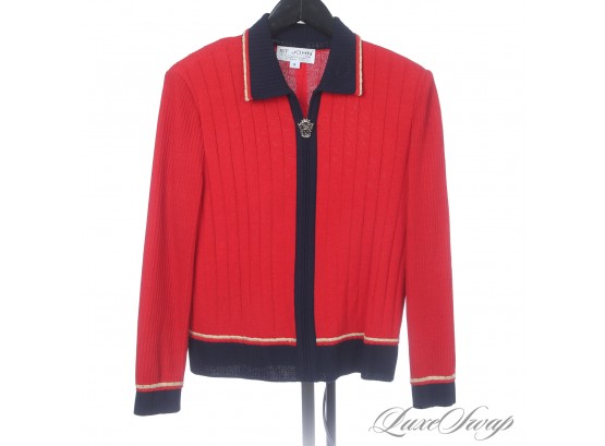 VINTAGE 1990S ST. JOHN COLLECTION MARIE GREY RED BLUE GOLD RIBBED ACANTHUS CREST ZIP KNIT JACKET 8