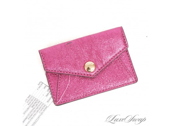#8 BRAND NEW WITHOUT TAGS UNUSED AUTHENTIC MICHAEL KORS ULTRA PINK CRACKLE METALLIC LEATHER FLAP CARD WALLET