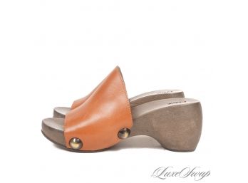 MEGA SUMMER FUN! BRAND NEW WITHOUT BOX CHLOE MADE IN ITALY CARAMEL LEATHER SINGLE STRAP CLOG SANDALS 38