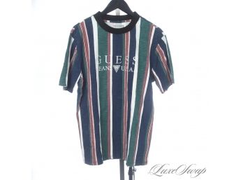 MORE ASAP ROCKY : BRAND NEW WITHOUT TAGS GUESS 1981 MENS GREEN MULTI STRIPE EMBROIDERED LOGO TEE SHIRT S