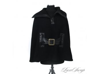 OMG WTF : LIKE NEW MACKAGE BLACK HEAVYWEIGHT KNITTED CAPE / PONCHO WITH NAPPA LEATHER TRIMS AND BELT