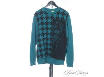 BRAND NEW WITH TAGS AUTHENTIC VERSACE JEANS COUTURE MENS TEAL CREWNECK SWEATSHIRT WITH LION & HOUNDSTOOTH M