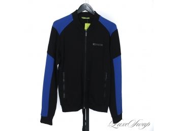 BRAND NEW WITH TAGS AUTHENTIC VERSACE JEANS COUTURE MENS BLACK AND BLUE FLEECE STRETCH ZIP JACKET M