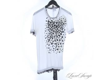 BRAND NEW WITHOUT TAGS AUTHENTIC VALENTINO RED WHITE LACE TRIMMED WOMENS TEE SHIRT WITH LEOPARD PRINT M