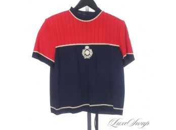 VINTAGE 1990S ST. JOHN COLLECTION MARIE GREY RED BLUE GOLD RIBBED ACANTHUS CREST SHORT SLEEVE KNIT SHIRT L