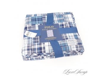 BRAND NEW WITH TAGS $170 POLO RALPH LAUREN BLUE INDIAN BLEEDING MADRAS BLUE MULTI BED BLANKE