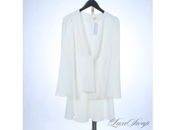 SUMMER LOVING, GONNA HAVE YOU A BLAST : DVF WEST WHITE DRY DRAPED CREPE PLUNGING NECK DRESS WITH SELF SCARF S