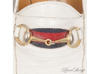 THIS IS FASHION : VINTAGE 1980S MENS AUTHENTIC GUCCI MADE IN ITALY WHITE LEATHER WEB STRIPE BIT LOAFERS 43
