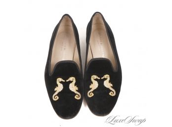 THE PREPPIEST OF THE PREPPY : STUBBS & WOOTTON PALM BEACH BLACK VELVET SEAHORSE EMBROIDERY SMOKING LOAFERS 8.5