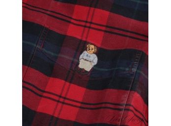 WHERES THE POLO COLLECTORS? VINTAGE POLO RALPH LAUREN RED TARTAN PLAID SHIRT WITH POLO BEAR ON POCKET M