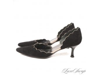 LIKE NEW WITHOUT BOX SALVATORE FERRAGAMO BLACK CHEVRE' SUEDE SCALLOPED KITTEN HEEL D'ORSAY SHOES 8 B