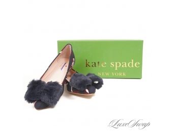 #2 BRAND NEW IN BOX KATE SPADE NEW YORK 'ELEN' NAVY FLORAL FABRIC FAUX FUR BOW BALLET FLAT SHOES 7