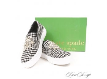 #4 BRAND NEW IN BOX KATE SPADE NEW YORK 'GIZELLE' BLACK WHITE PRINCE OF WALES FLANNEL CRYSTAL SNEAKERS 8.5
