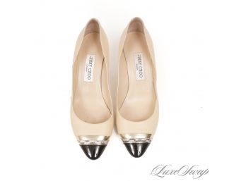 THESE ARE BEAUTIFUL : $500 JIMMY CHOO MADE IN ITALY EGGSHELL LEATHER EXOTIC SNAKESKIN PATENT CAPTOE SHOES 39