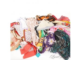 LOT OF APPROXIMATELY 50 VINTAGE SILK AND OTHER MATERIAL SCARVES BOTH LARGE AND SMALL